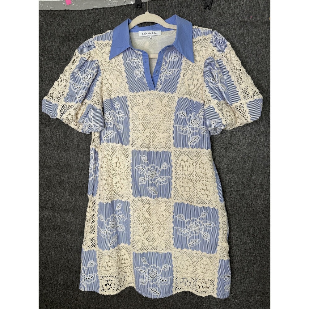 Sofie The Label Shirt Dress Womens M Blue Crochet Lace Collared Mini Boho